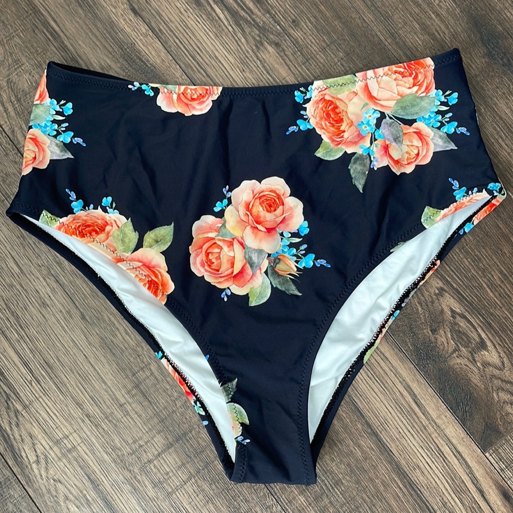 Black Floral High Waisted Bikini Bottom